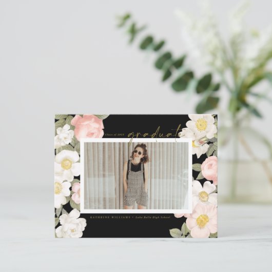Pastel  Flowers Black Photo Afstuderen Briefkaart (Staand voorkant)