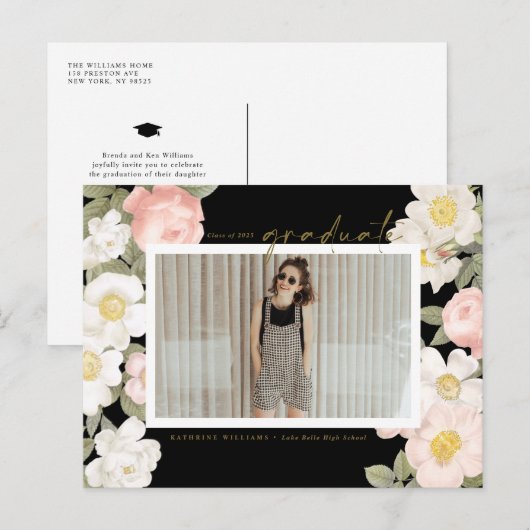 Pastel  Flowers Black Photo Afstuderen Briefkaart (Voorkant / Achterkant)