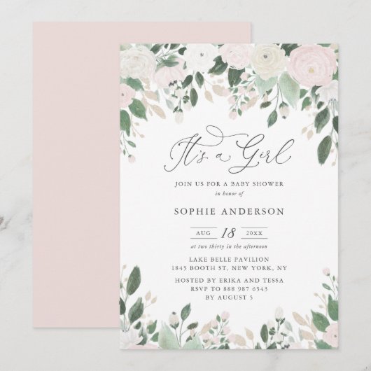 Pastel Flowers Glitter Het is een meisje Baby show Kaart (Voorkant / Achterkant)