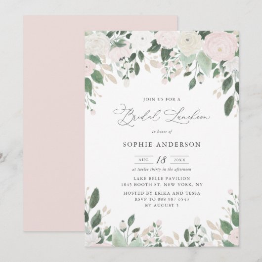 Pastel Flowers Gold Glitter Leaves Bridal Luncheon Kaart (Voorkant / Achterkant)