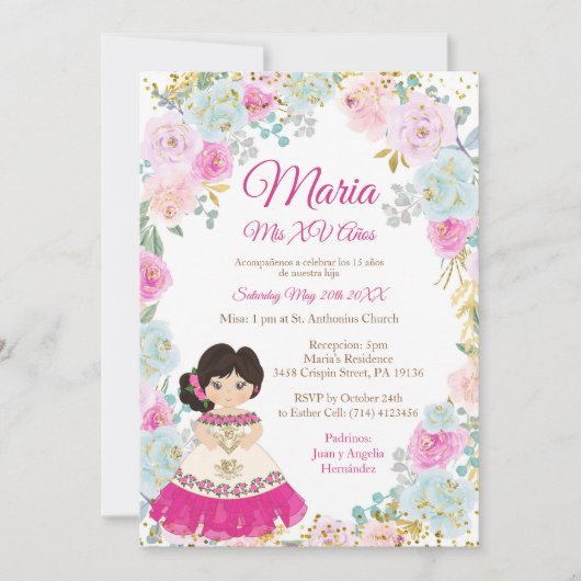 Pastel Flowers Mis XV Anos Birthday Invitation Kaart (Voorkant)