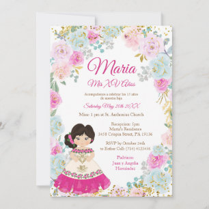 Pastel Flowers Mis XV Anos Birthday Invitation Kaart