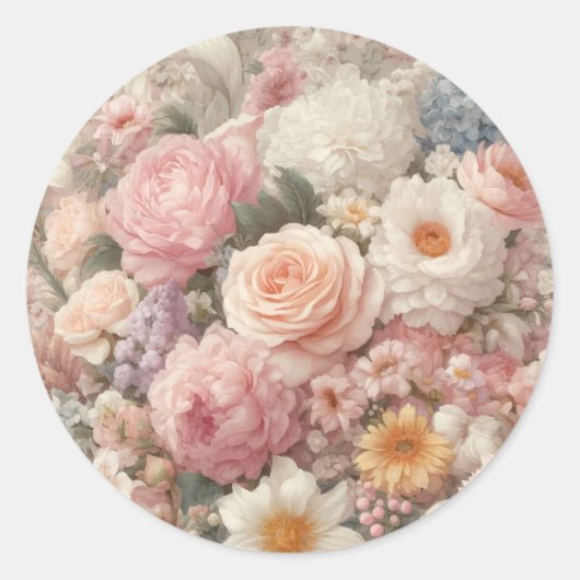 Pastel Flowers Shabby Chic Roos Bloemen Bruiloft Ronde Sticker (Voorkant)