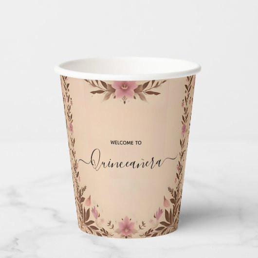 Pastel Font Dusty Glam Roos Gold Quinceanera Papieren Bekers (Voorkant)