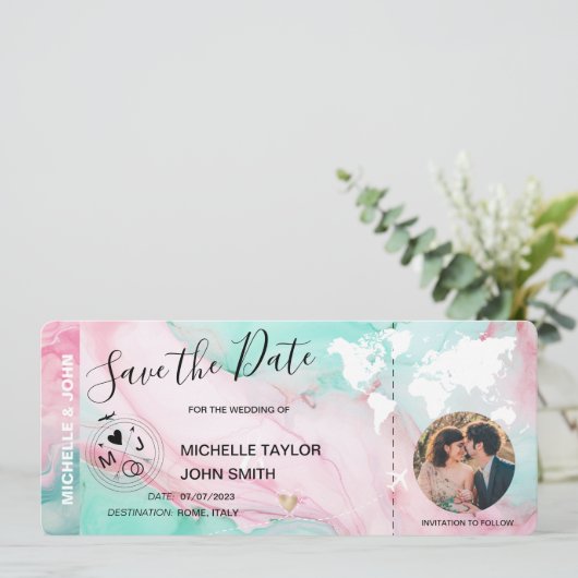 Pastel Foto Opslaan van de datum Boarding Pass Wer Kaart (Staand voorkant)