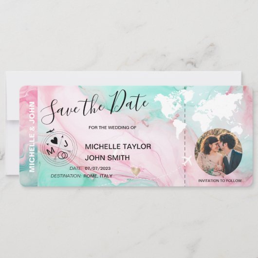 Pastel Foto Opslaan van de datum Boarding Pass Wer Kaart (Voorkant)