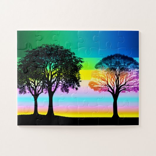 Pastel Fun Sunset Achter Silhouette Bomen Legpuzzel (Horizontaal)
