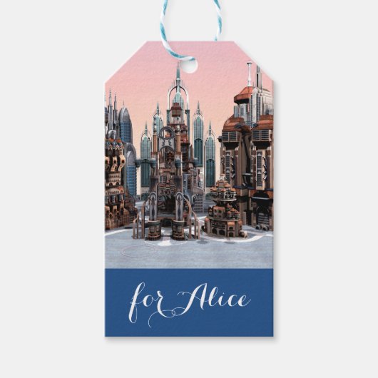 Pastel Futuristische Stad Fantasie Skyline Kunst Cadeaulabel (Voorkant)