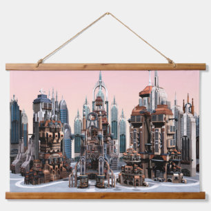 Pastel Futuristische Stad Fantasie Skyline Kunst Hangend Wandkleed