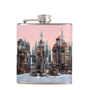 Pastel Futuristische Stad Fantasie Skyline Kunst Heupfles