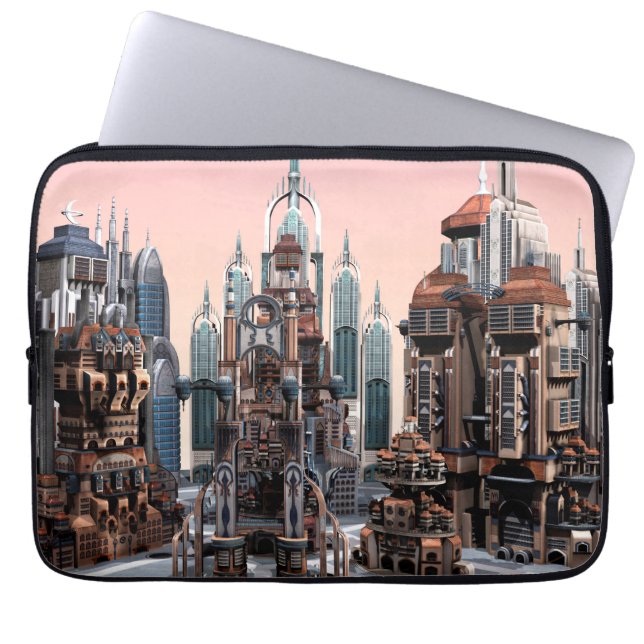 Pastel Futuristische Stad Fantasie Skyline Kunst Laptop Sleeve (Voorkant)