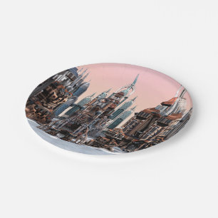 Pastel Futuristische Stad Fantasie Skyline Kunst Papieren Bordje