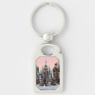 Pastel Futuristische Stad Fantasie Skyline Kunst Sleutelhanger