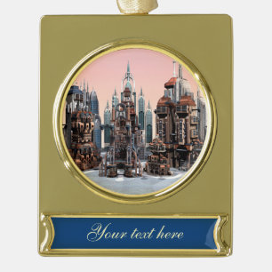 Pastel Futuristische Stad Fantasie Skyline Kunst Verguld Banner Ornament