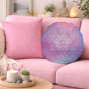 Pastel Galaxy Metatron's Kubus Heilige Geometrie Rond Kussen
