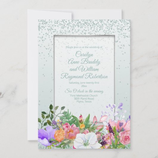 Pastel Garden Glittery Mint Wedding Invitati Kaart (Voorkant)