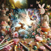 Pastel Gebrandschilderd Konijn Jaagt op Vlinder Pa Feestdagenkaart