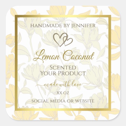 Pastel Geel Bloemen met Goud Lijst Productlabel Vierkante Sticker (Voorkant)