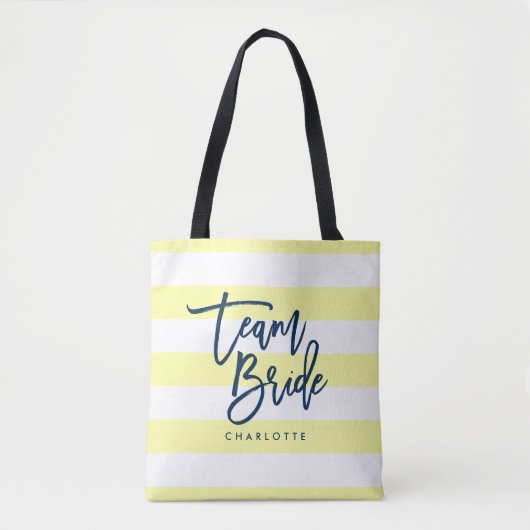 Pastel Geel en Witte Stripes Blauw Team Bride Tote Bag (Voorkant)