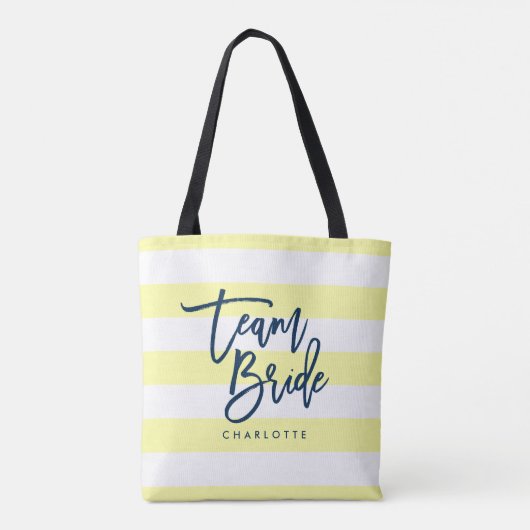 Pastel Geel en Witte Stripes Blauw Team Bride Tote Bag (Achterkant)