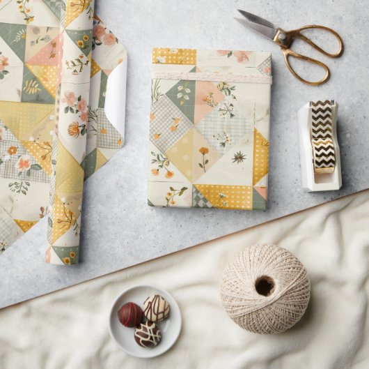 Pastel Geel Perzik Quilt Gingham Stippen Cadeaupapier (Crafts)