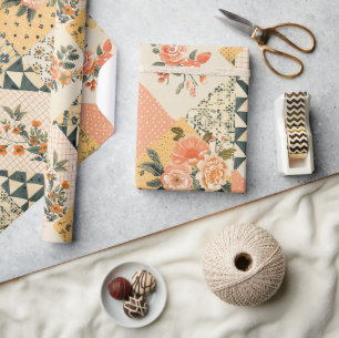 Pastel Geel Perzik Quilt Gingham Stippen Cadeaupapier