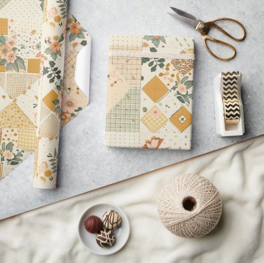 Pastel Geel Perzik Quilt Gingham Stippen Cadeaupapier (Crafts)
