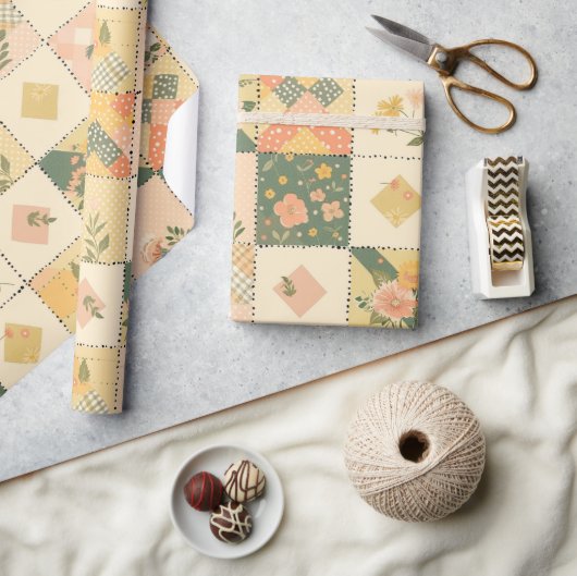 Pastel Geel Perzik Quilt Gingham Stippen  Cadeaupapier (Crafts)