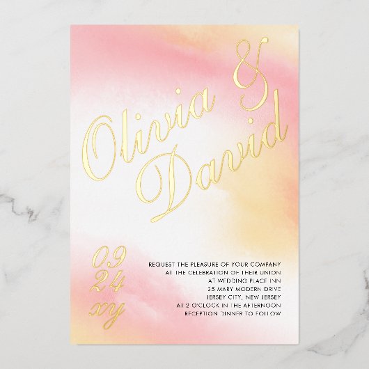 Pastel geel roze Waterverf RSVP QR bruiloft Folie Uitnodiging (Voorkant)