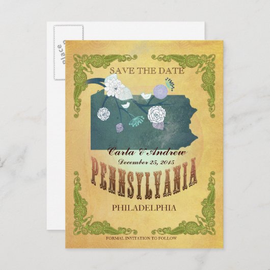 Pastel geel Sla de datum-kaart op met mooie vogels Aankondigingskaart (Voorkant / Achterkant)