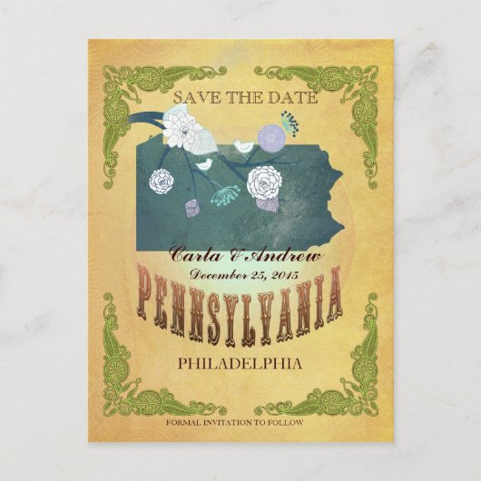 Pastel geel Sla de datum-kaart op met mooie vogels Aankondigingskaart (Voorkant)