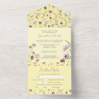 Pastel Geel Wilde Bloem Boho Botanische Bruiloft All In One Uitnodiging