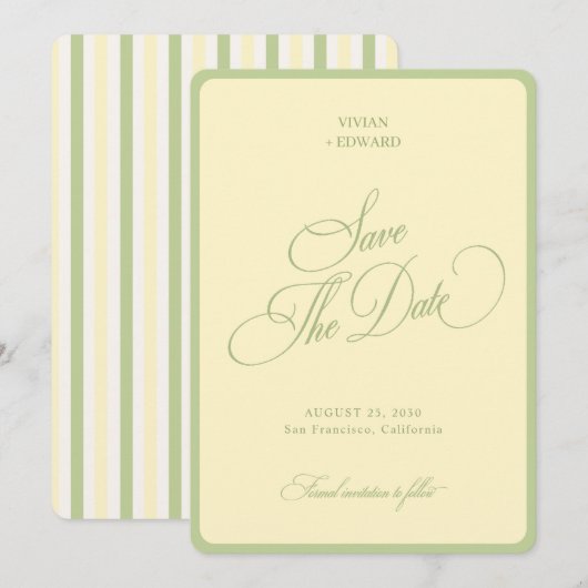 Pastel Geelgroene Strepen Rand Retro Bruiloft Save The Date (Voorkant / Achterkant)