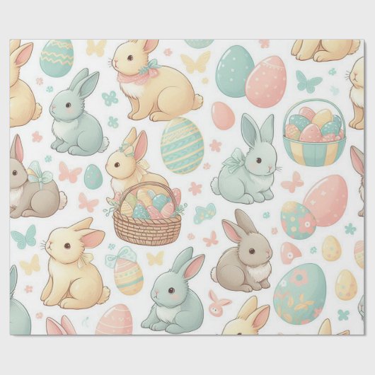 Pastel gekleurde paaskonijnen en paaseieren cadeaupapier (Vlak)