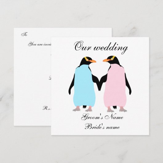 Pastel gekleurde pinguïns bruiloft uitnodiging (Voorkant / Achterkant)