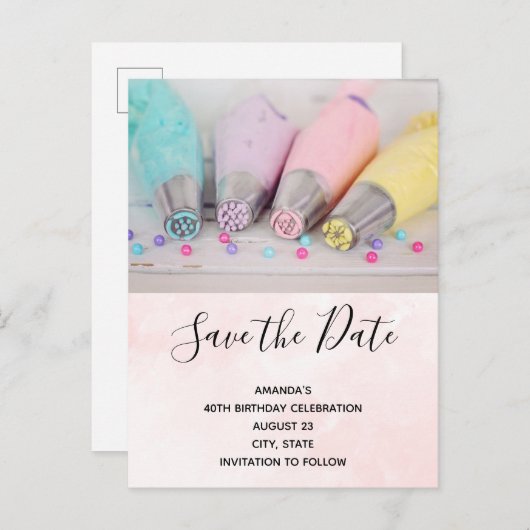 Pastel gekleurde taart decoreren tools opslaan van uitnodiging briefkaart (Voorkant / Achterkant)