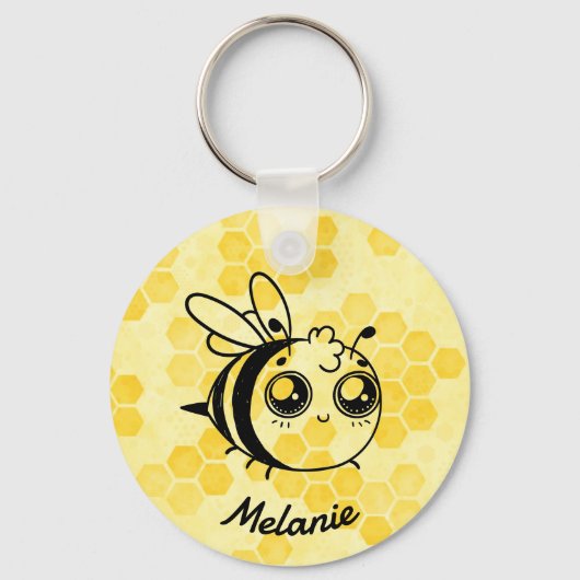 Pastel Gele Honingraat en Aangepaste Cute Bij Sleutelhanger (Voorkant)