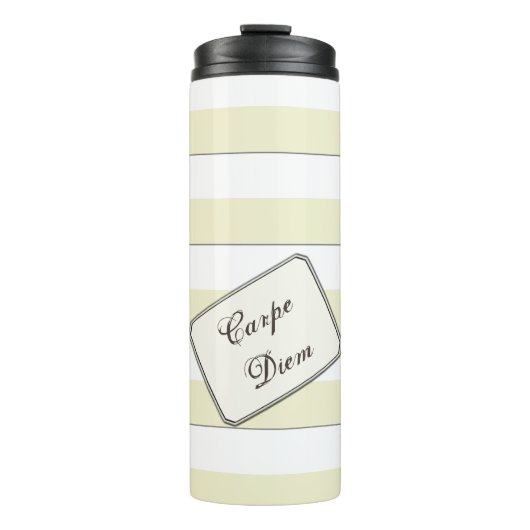 Pastel gele strepen op elke kleur tekst thermosbeker (Voorkant)