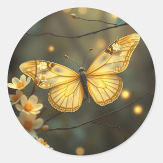 Pastel gele vlinder met twijgen en bloemen ronde sticker