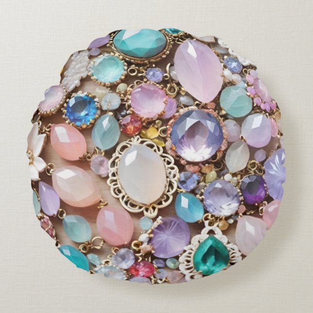 Pastel Gems And Jewels In Pinks & Purples Rond Kussen (Voorkant)