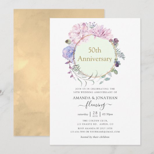 Pastel Geometric Peonies 50th Wedding Jubileum Kaart (Voorkant / Achterkant)
