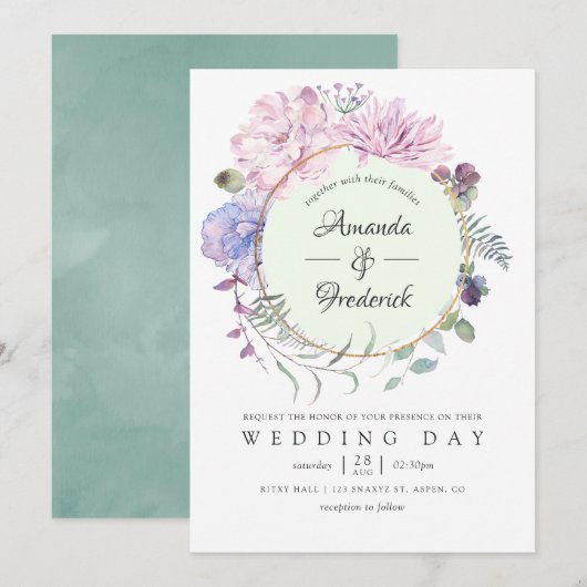 Pastel Geometric Peonies Floral Wedding Kaart (Voorkant / Achterkant)