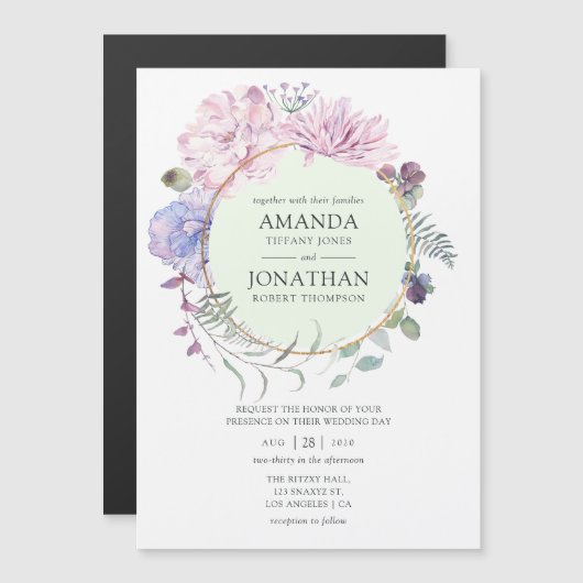 Pastel Geometric Peonies Floral Wedding Magnetische Uitnodiging (Voorkant / Achterkant)