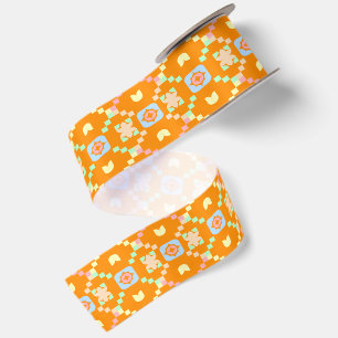 Pastel geometrisch pixelpatroon op levendig oranje satijnen lint