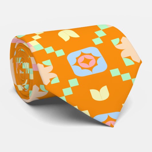 Pastel geometrisch pixelpatroon op levendig oranje stropdas (Opgerold)