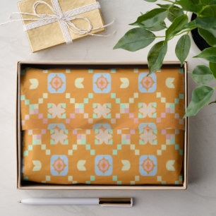 Pastel geometrisch pixelpatroon op levendig oranje tissuepapier