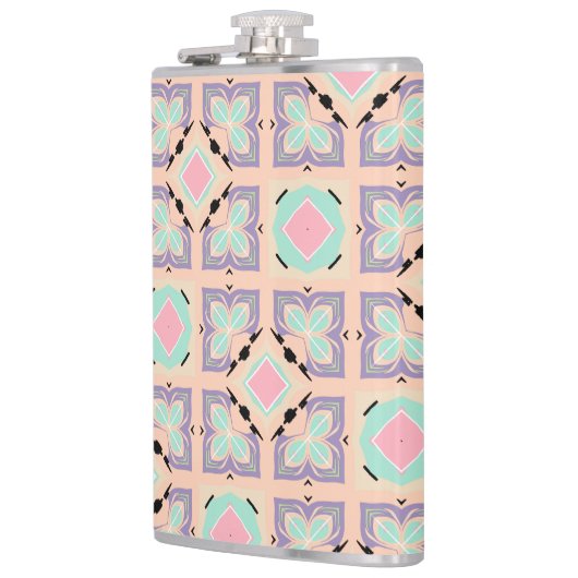 Pastel Geometrisch Tegelmotief | Roze Mint Paars Heupfles (Links)