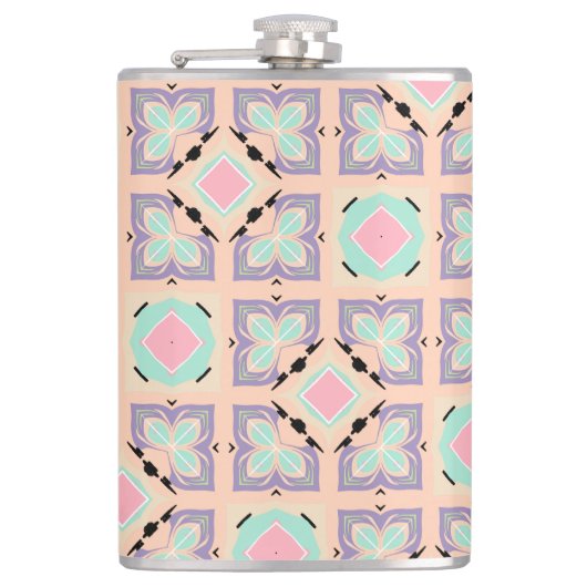 Pastel Geometrisch Tegelmotief | Roze Mint Paars Heupfles (Voorkant)