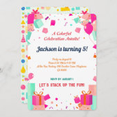 Pastel geometrische verjaardagsblokken uitnodiging (Voorkant / Achterkant)