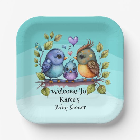 Pastel gepersonaliseerde Baby Bird Shower Papieren Bordje (Voorkant)